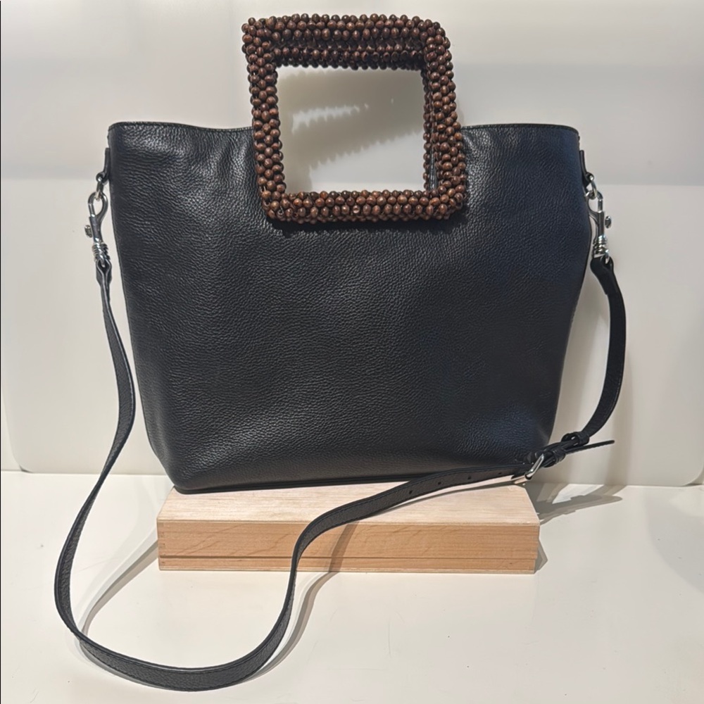 J.Jill Black Leather Tote Bag with Beaded Handle